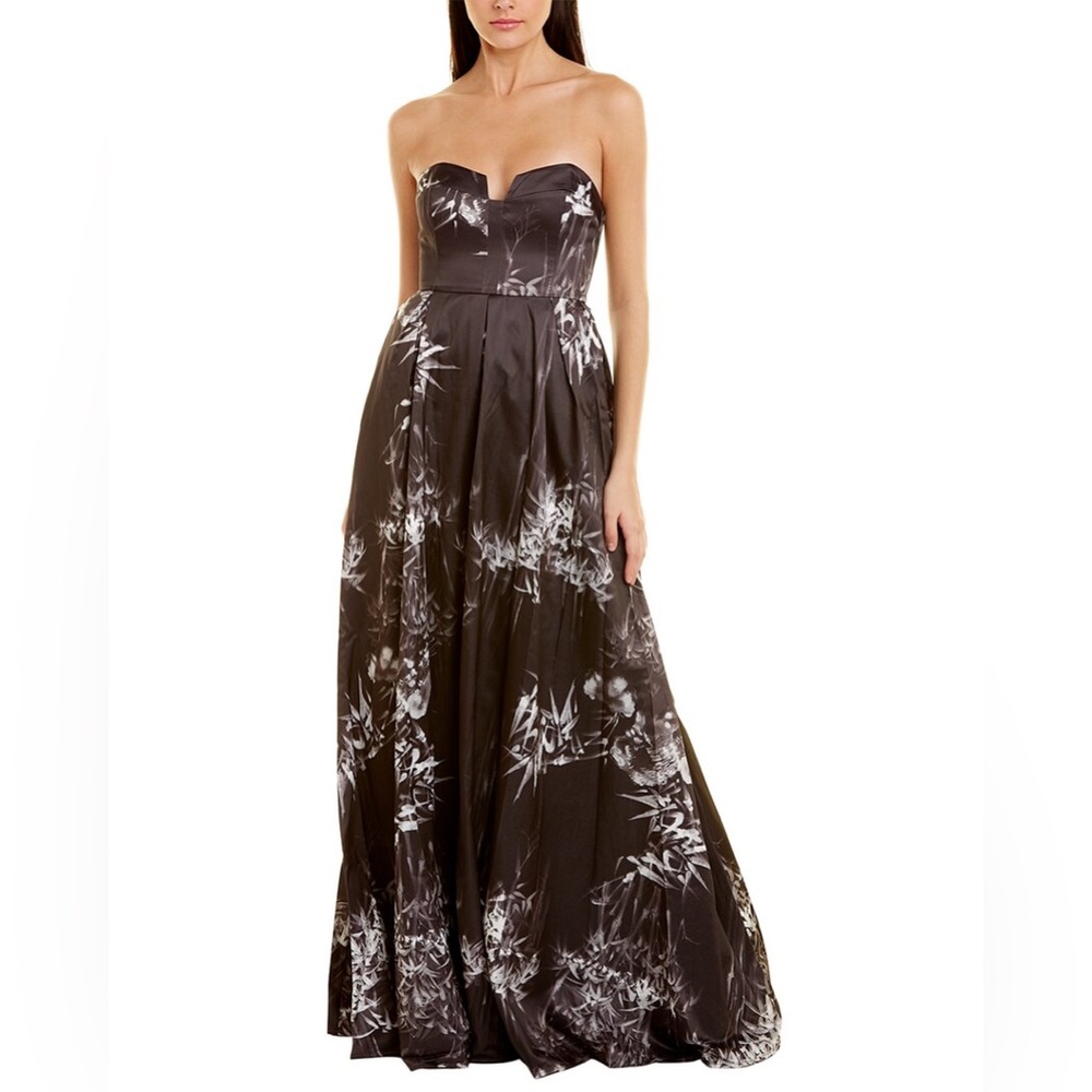 Sau Lee Olivia Strapless Long Maxi Gown Dress Floral Black Gray White 8